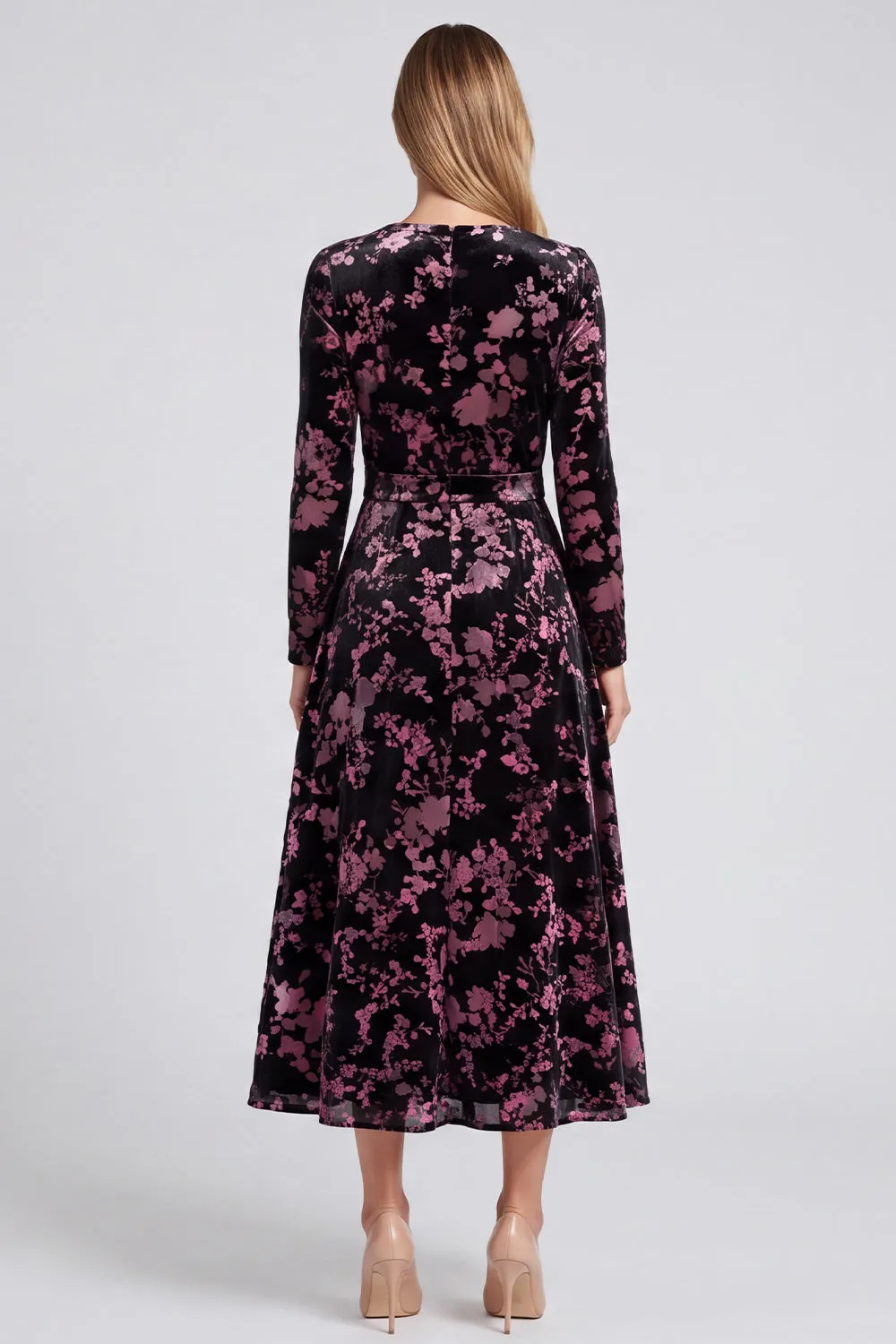 Black Pink Flower Burnout Velvet Long Sleeve A Line Wedding Guest Dress sold by Wedtrend product image thumbnail 2