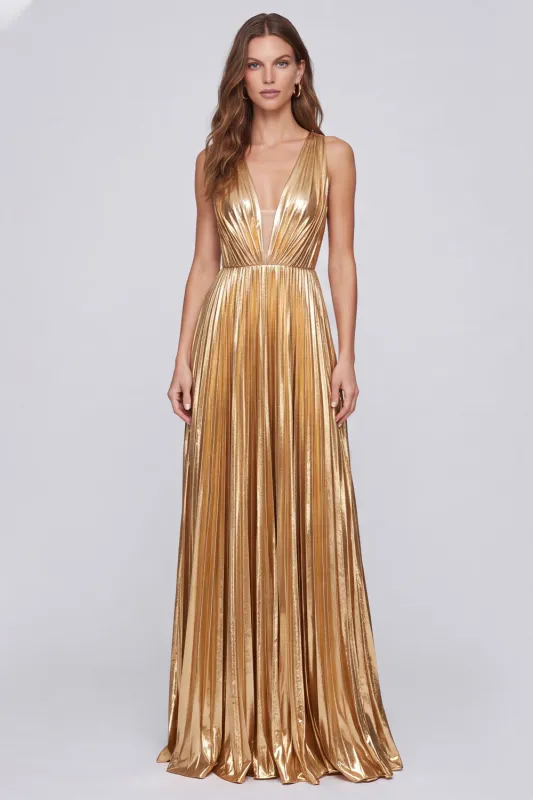 Metallic Gold V-Neck Pleated A Line Long Formal Dress made by Wedtrend
