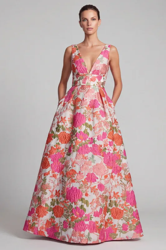 Pink Floral Jacquard V-Neck Maxi Dress made by Wedtrend