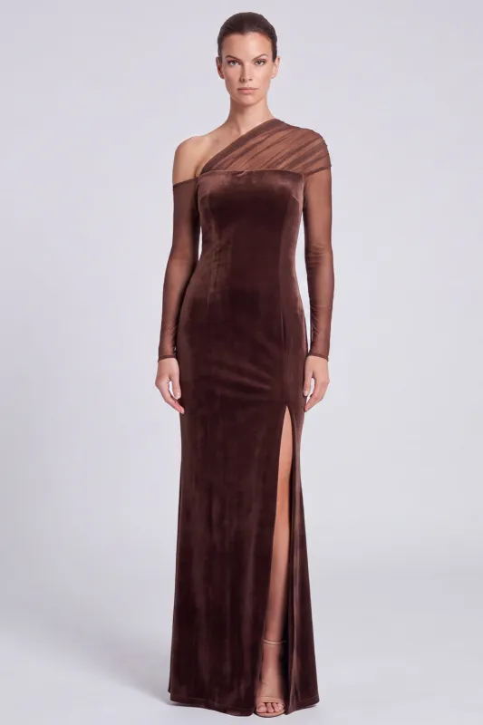Coffee Velvet Mermaid Asymmetrical Neck Long Sleeve Formal Dress with Slit made by Wedtrend
