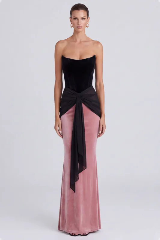 Black and Pink Velvet Mermaid Formal Dress with Front Sash made by Wedtrend