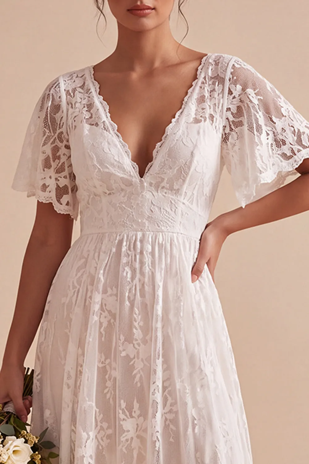 Boho White Lace A Line High-Low Engagament Dress with Flutter Sleeves sold by Wedtrend product image thumbnail 3