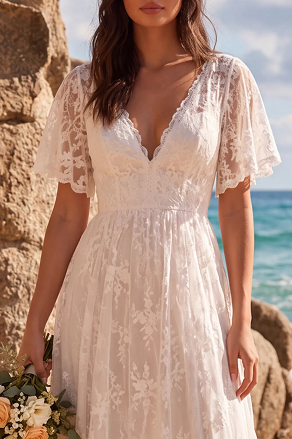 Boho White Lace A Line High-Low Engagament Dress with Flutter Sleeves sold by Wedtrend product image thumbnail 4