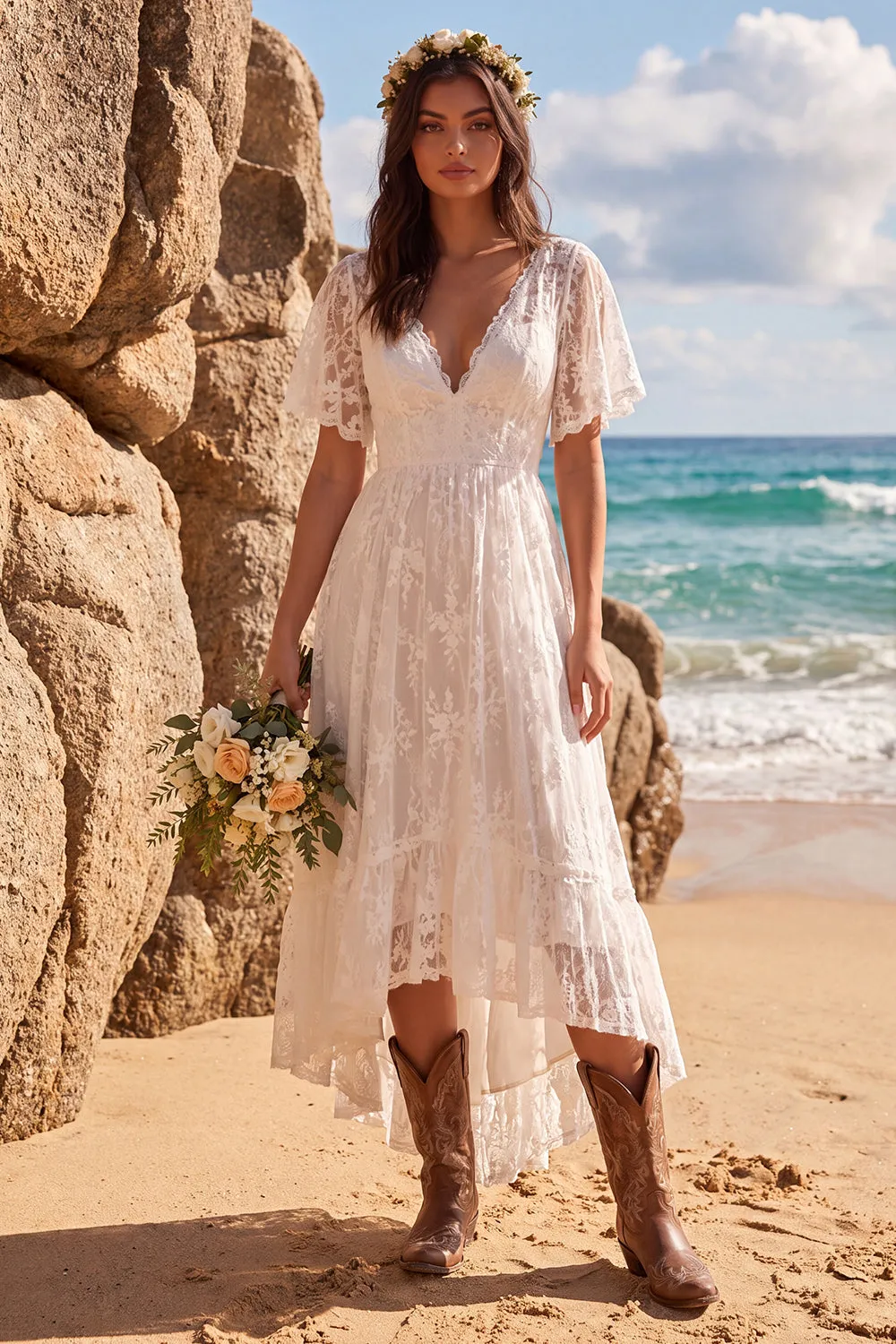 Boho White Lace A Line High-Low Engagament Dress with Flutter Sleeves sold by Wedtrend
