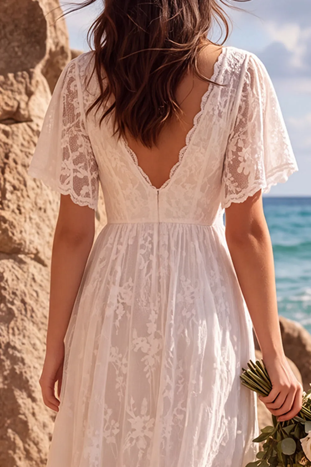 Boho White Lace A Line High-Low Engagament Dress with Flutter Sleeves sold by Wedtrend product image thumbnail 5