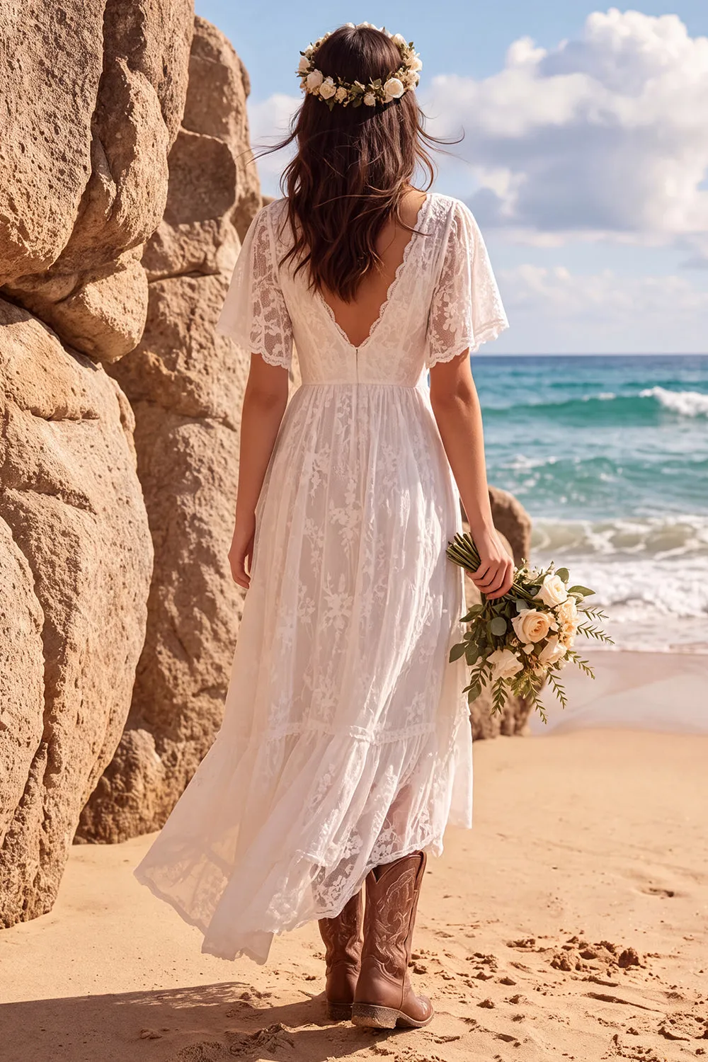 Boho White Lace A Line High-Low Engagament Dress with Flutter Sleeves sold by Wedtrend product image thumbnail 2
