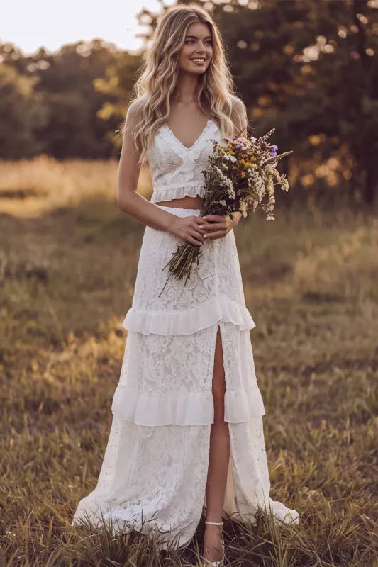Boho Ivory V Neck Tiered Ruffle A Line Lace 2 Piece Wedding Dress with Slit made by Wedtrend
