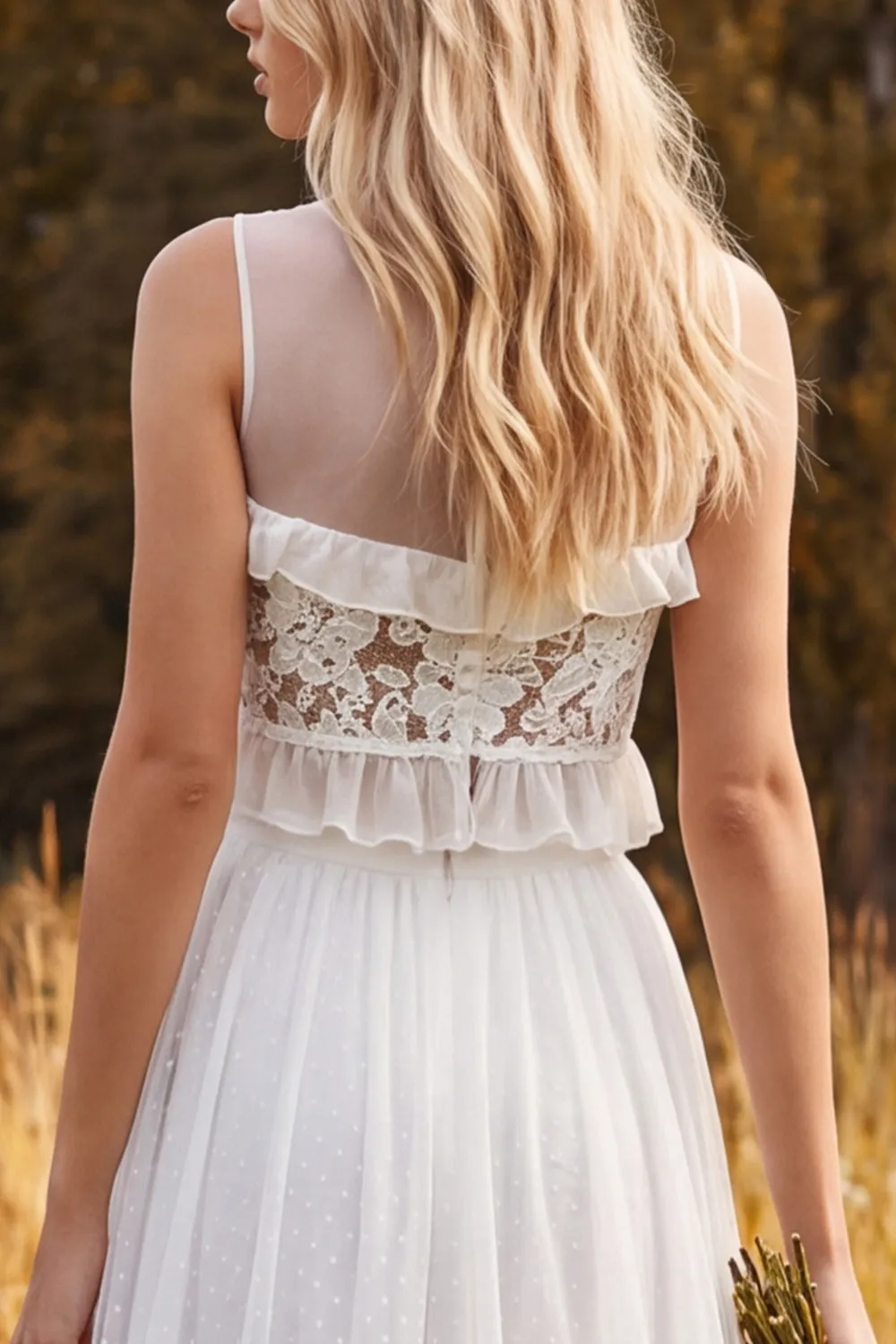 Ivory 2 Piece A-Line Illusion Neck Ruffled Long Wedding Dress with Slit sold by Wedtrend product image thumbnail 4