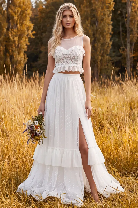 Ivory 2 Piece A-Line Illusion Neck Ruffled Long Wedding Dress with Slit made by Wedtrend