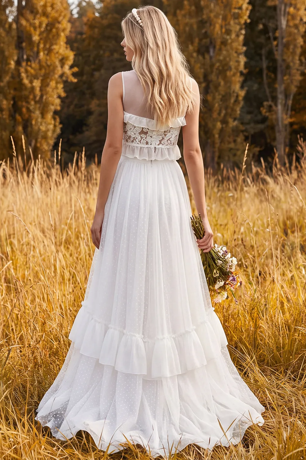 Ivory 2 Piece A-Line Illusion Neck Ruffled Long Wedding Dress with Slit sold by Wedtrend product image thumbnail 2