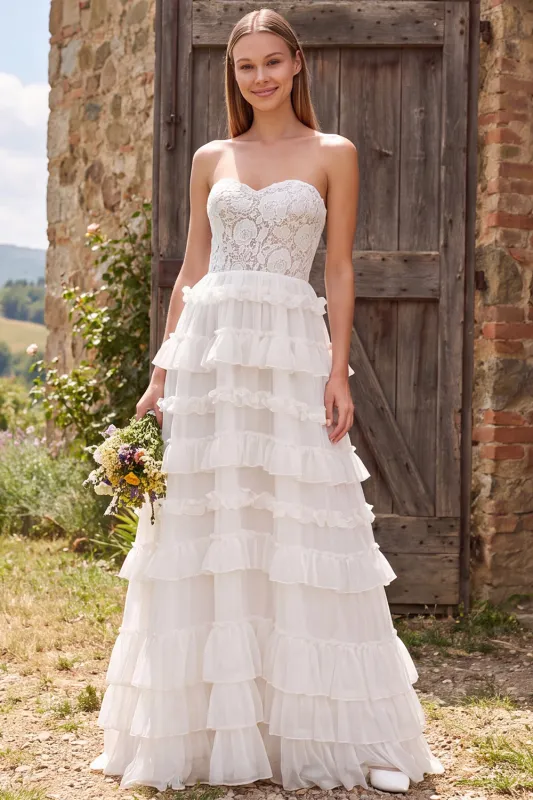 Sweetheart Ivory Tiered Ruffled A-Line Long Wedding Dress with Lace made by Wedtrend
