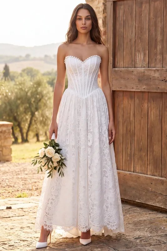 Strapless Corset Ivory A-Line Lace Engagament Dress with Pearls made by Wedtrend