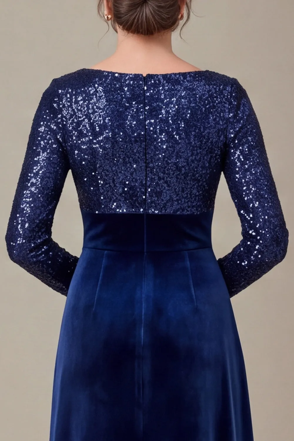Velvet Navy Long Sleeve Ruched V-Neck Mother of the Bride Dress with Sequins sold by Wedtrend product image thumbnail 4