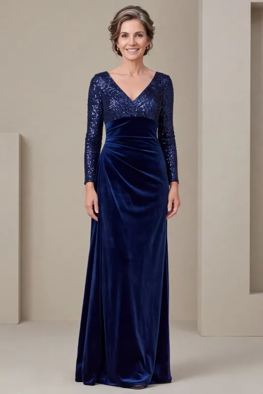 Velvet Navy Long Sleeve Ruched V-Neck Mother of the Bride Dress with Sequins made by Wedtrend