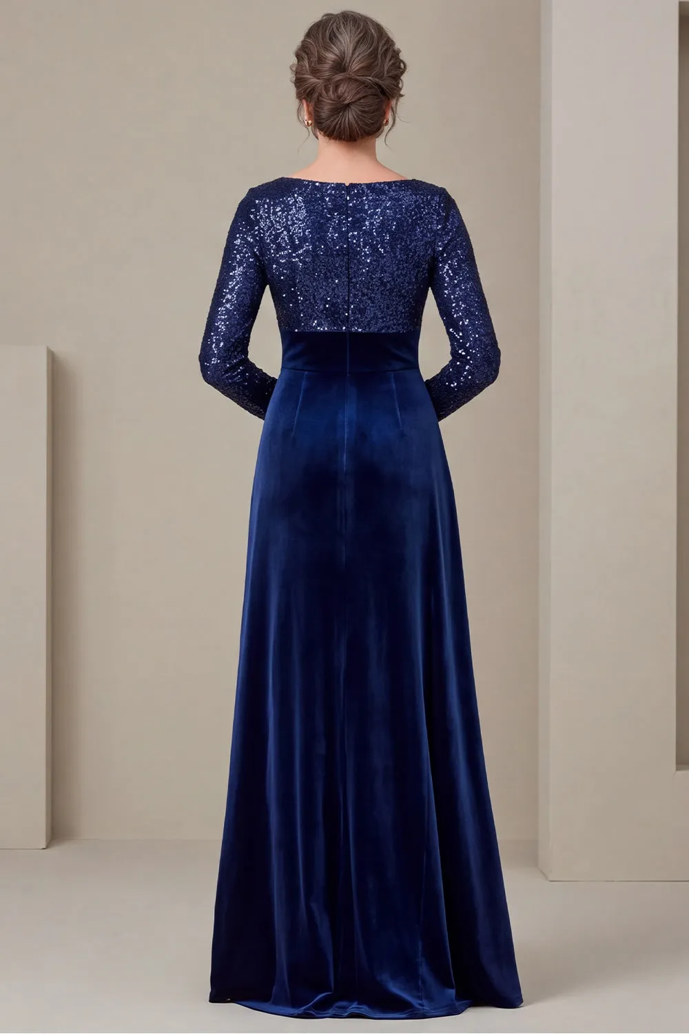 Velvet Navy Long Sleeve Ruched V-Neck Mother of the Bride Dress with Sequins sold by Wedtrend product image thumbnail 2