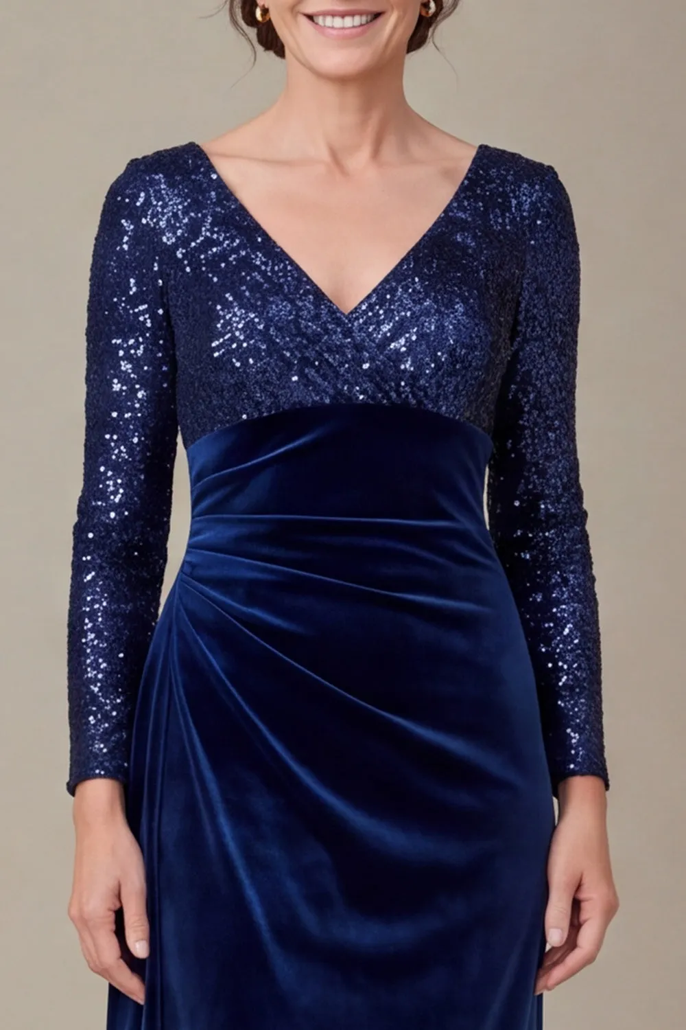 Velvet Navy Long Sleeve Ruched V-Neck Mother of the Bride Dress with Sequins sold by Wedtrend product image thumbnail 3