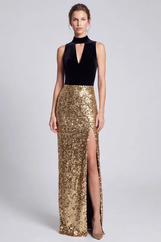 Sparkly Black and Gold Sheath Long Formal Dress with Slit made by Wedtrend