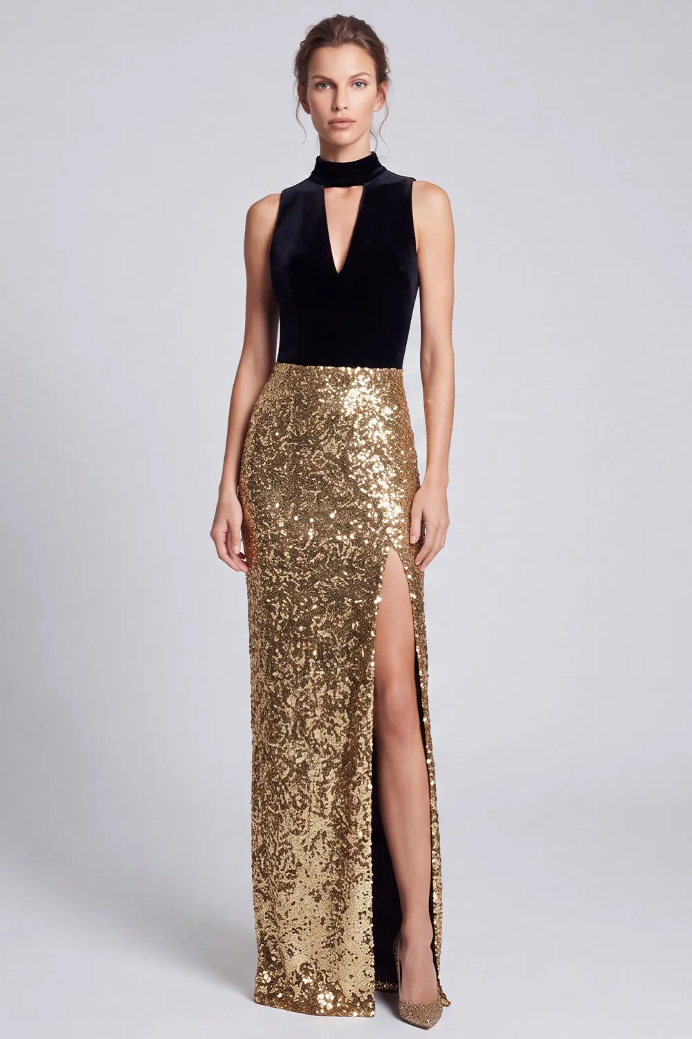 Sparkly Black and Gold Sheath Long Formal Dress with Slit sold by Wedtrend