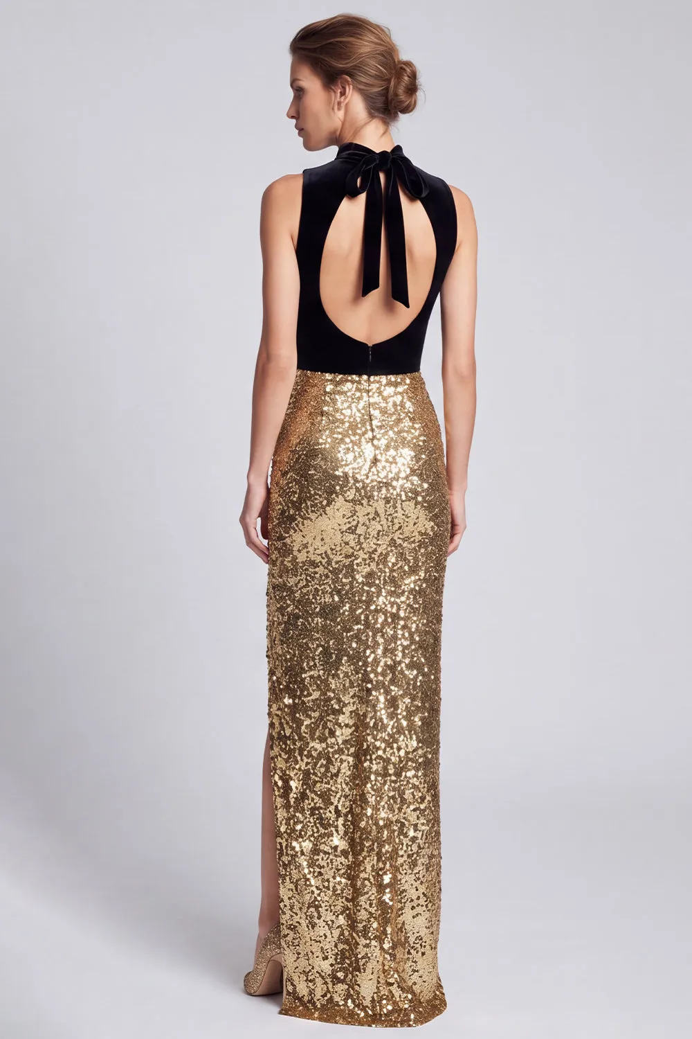 Sparkly Black and Gold Sheath Long Formal Dress with Slit sold by Wedtrend product image thumbnail 2