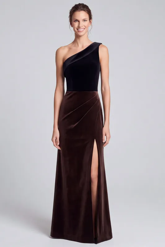 One Shoulder Black and Brown Velvet Long Formal Dress with Slit made by Wedtrend