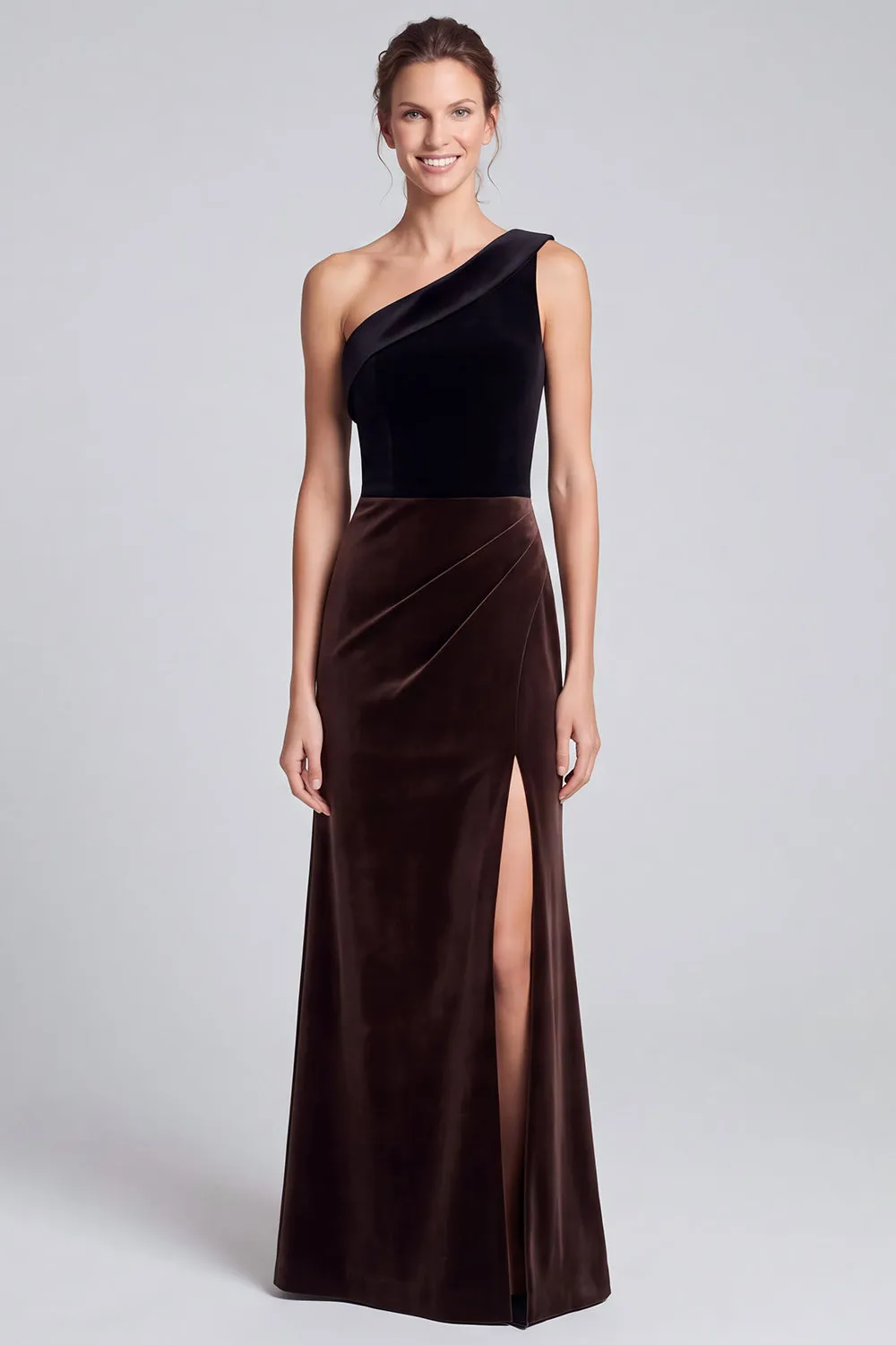 One Shoulder Black and Brown Velvet Long Formal Dress with Slit sold by Wedtrend