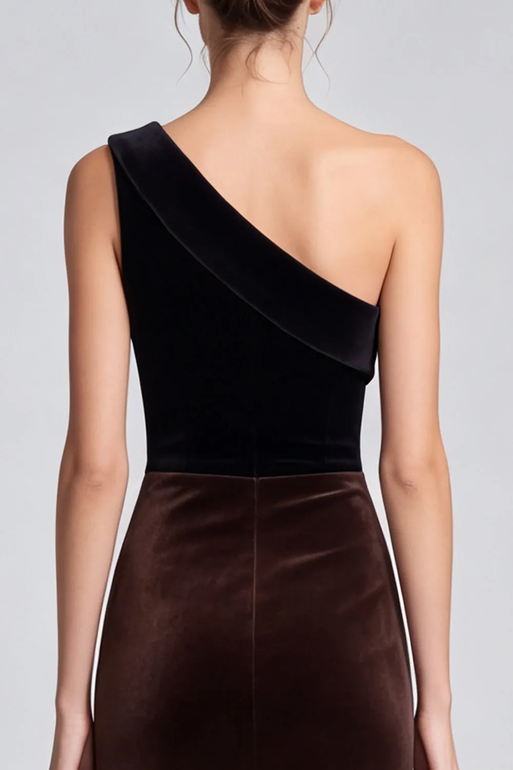 One Shoulder Black and Brown Velvet Long Formal Dress with Slit sold by Wedtrend product image thumbnail 4