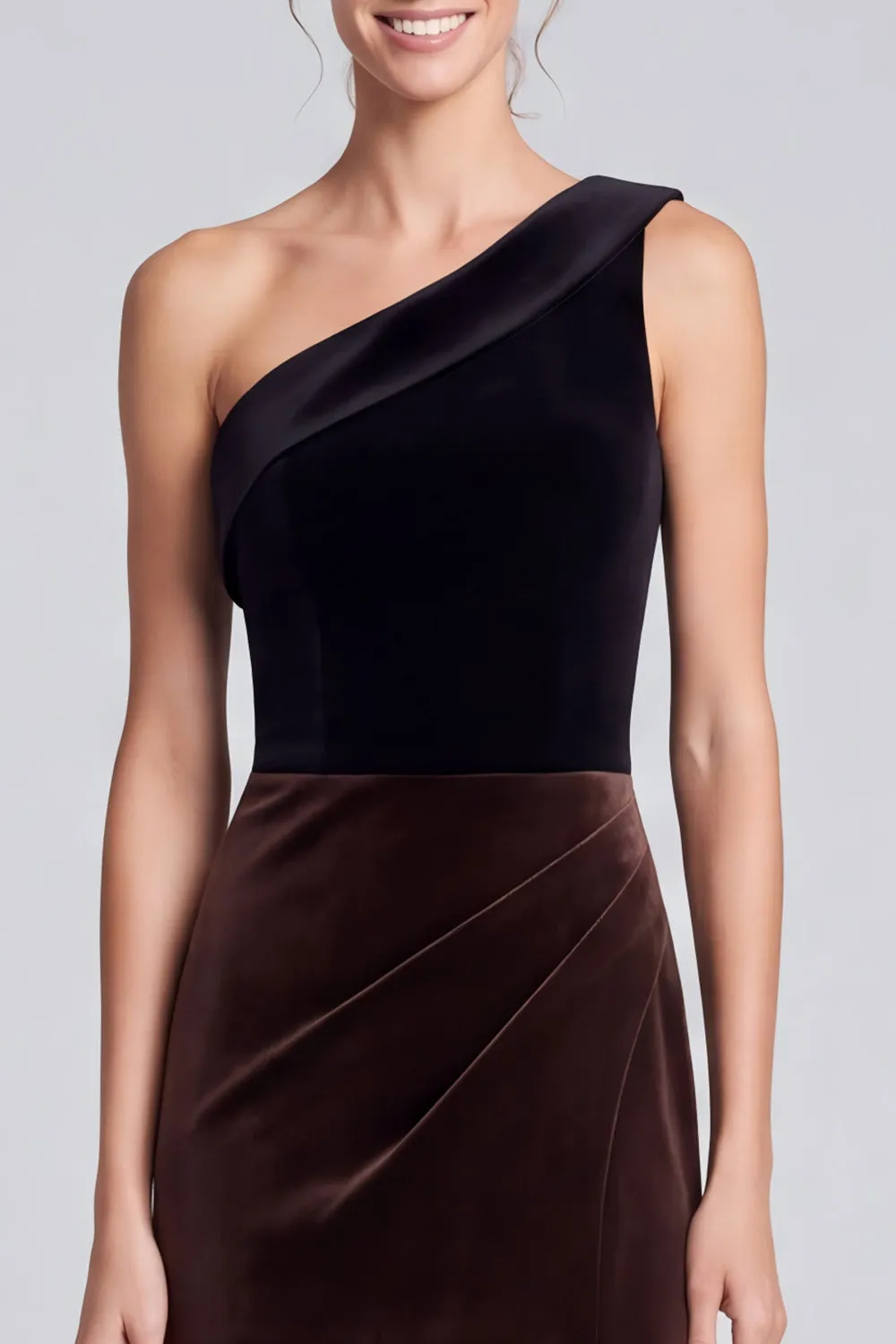 One Shoulder Black and Brown Velvet Long Formal Dress with Slit sold by Wedtrend product image thumbnail 3