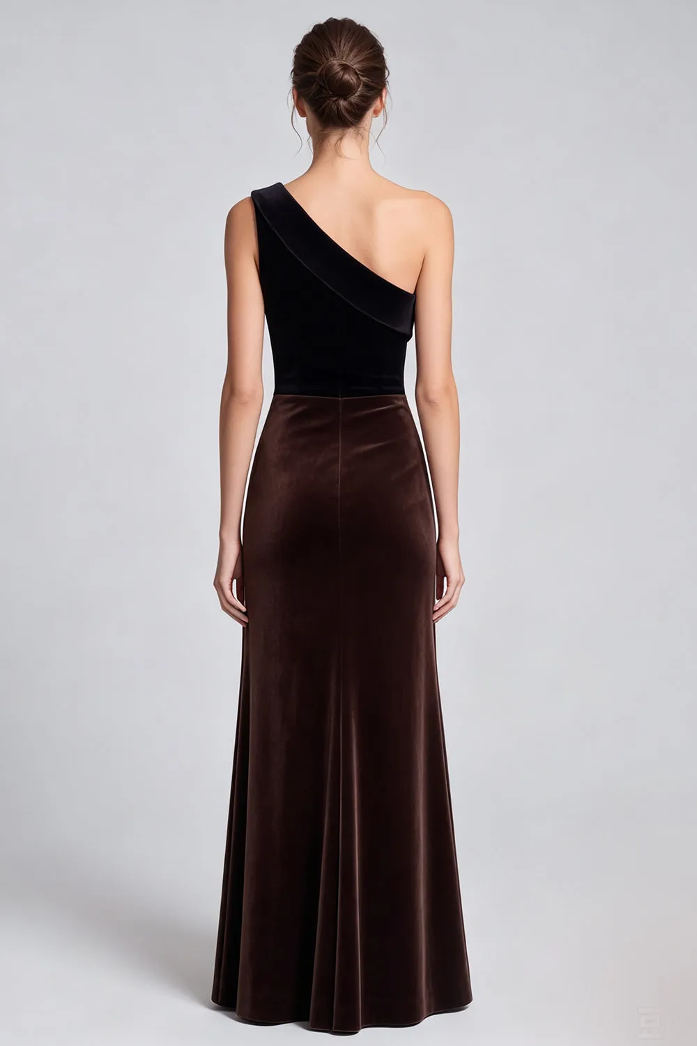 One Shoulder Black and Brown Velvet Long Formal Dress with Slit sold by Wedtrend product image thumbnail 2