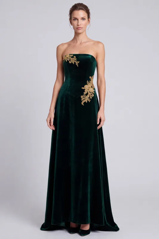 Strapless Dark Green Velvet A Line Long Formal Dress with Appliques made by Wedtrend