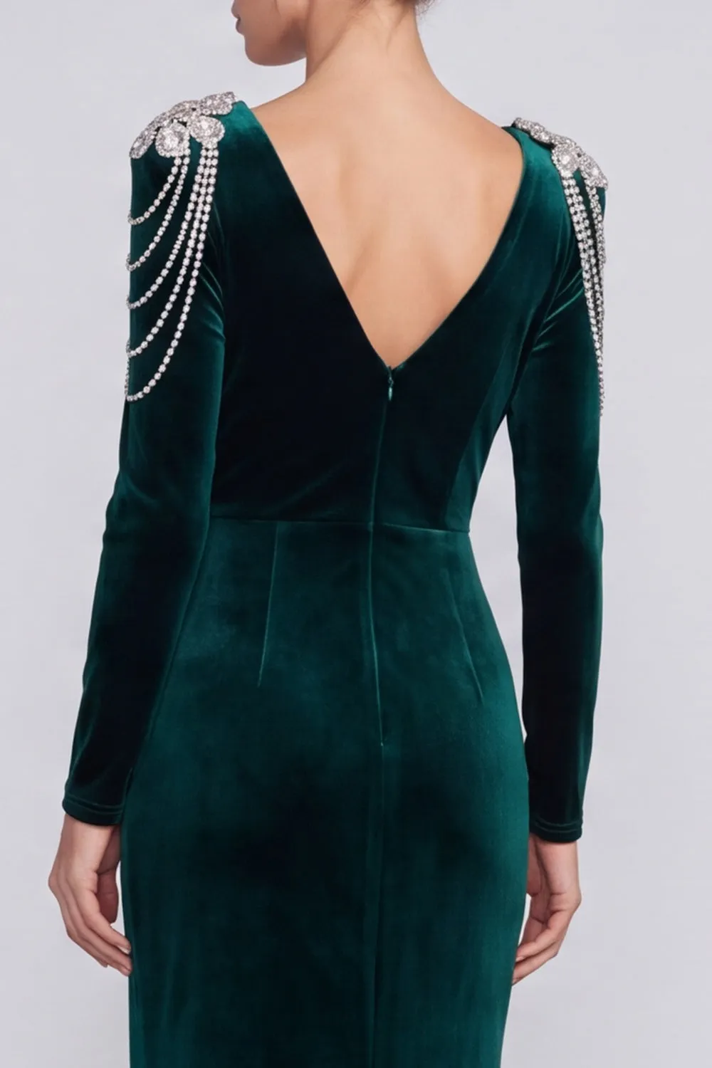 Velvet Dark Green Ruched V-Neck Long Sleeve Mermaid Formal Dress with Slit sold by Wedtrend product image thumbnail 4