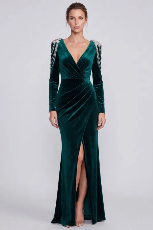Velvet Dark Green Ruched V-Neck Long Sleeve Mermaid Formal Dress with Slit made by Wedtrend