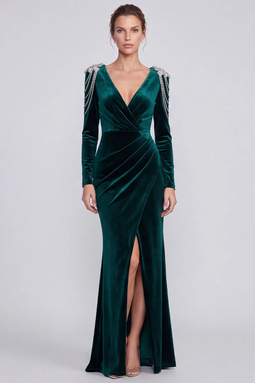 Velvet Dark Green Ruched V-Neck Long Sleeve Mermaid Formal Dress with Slit sold by Wedtrend