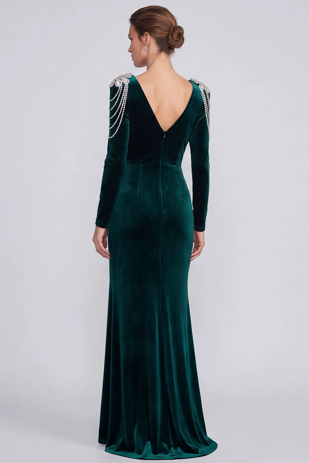 Velvet Dark Green Ruched V-Neck Long Sleeve Mermaid Formal Dress with Slit sold by Wedtrend product image thumbnail 2