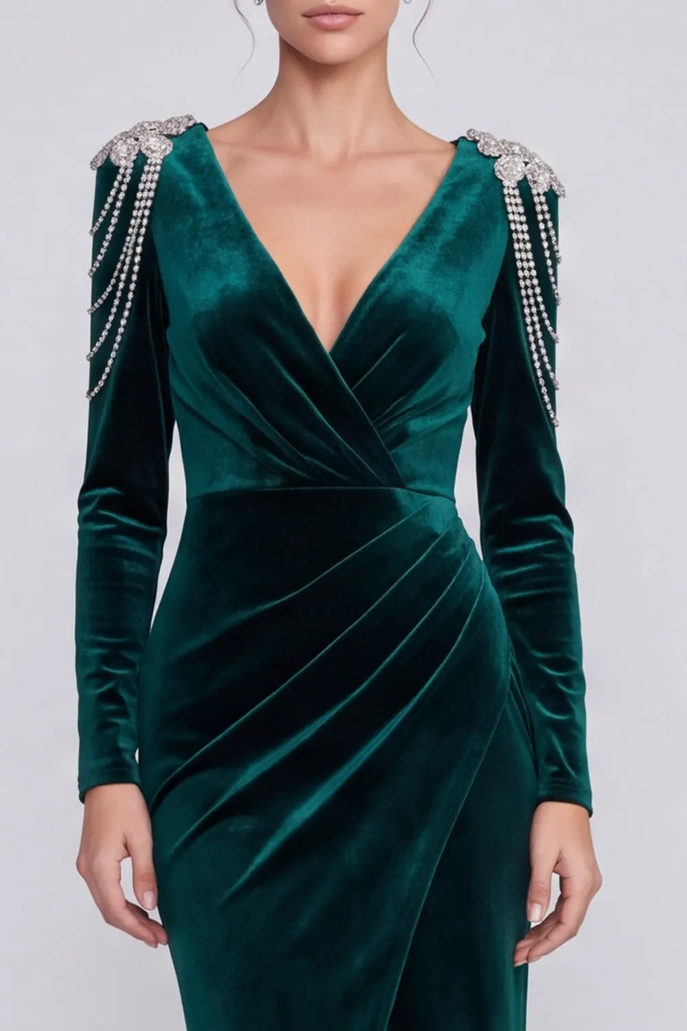 Velvet Dark Green Ruched V-Neck Long Sleeve Mermaid Formal Dress with Slit sold by Wedtrend product image thumbnail 3