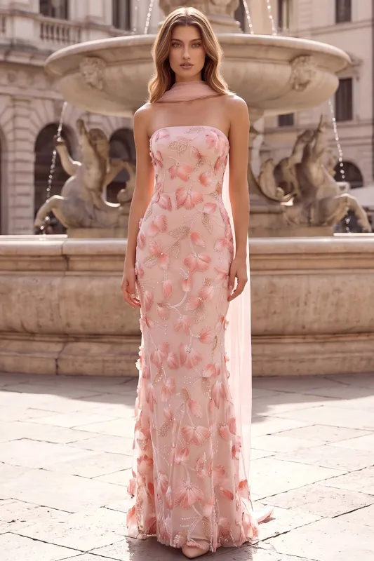 Pink Strapless Floral Beaded Mermaid Long Prom Dress with Scarf made by Wedtrend