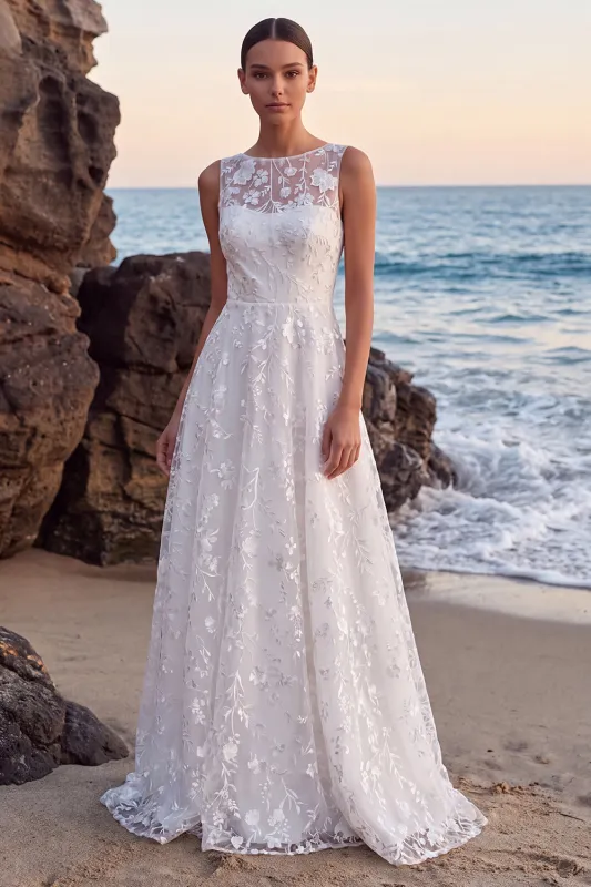 Floral White Applique Illusion Neck A Line Wedding Dress made by Wedtrend