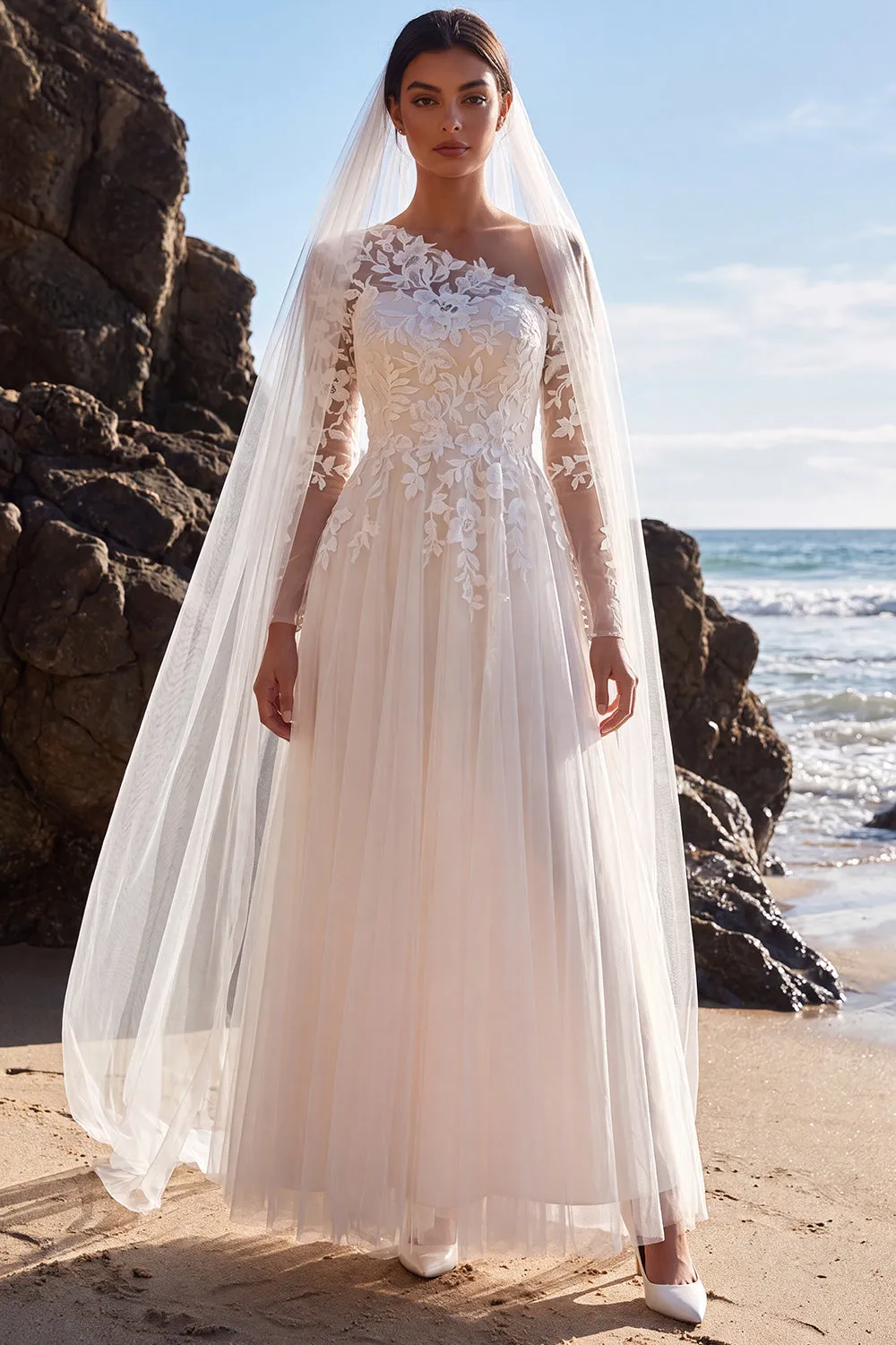 White One Shoulder A Line Tulle Appliqued Long Wedding Dress sold by Wedtrend product image thumbnail 3