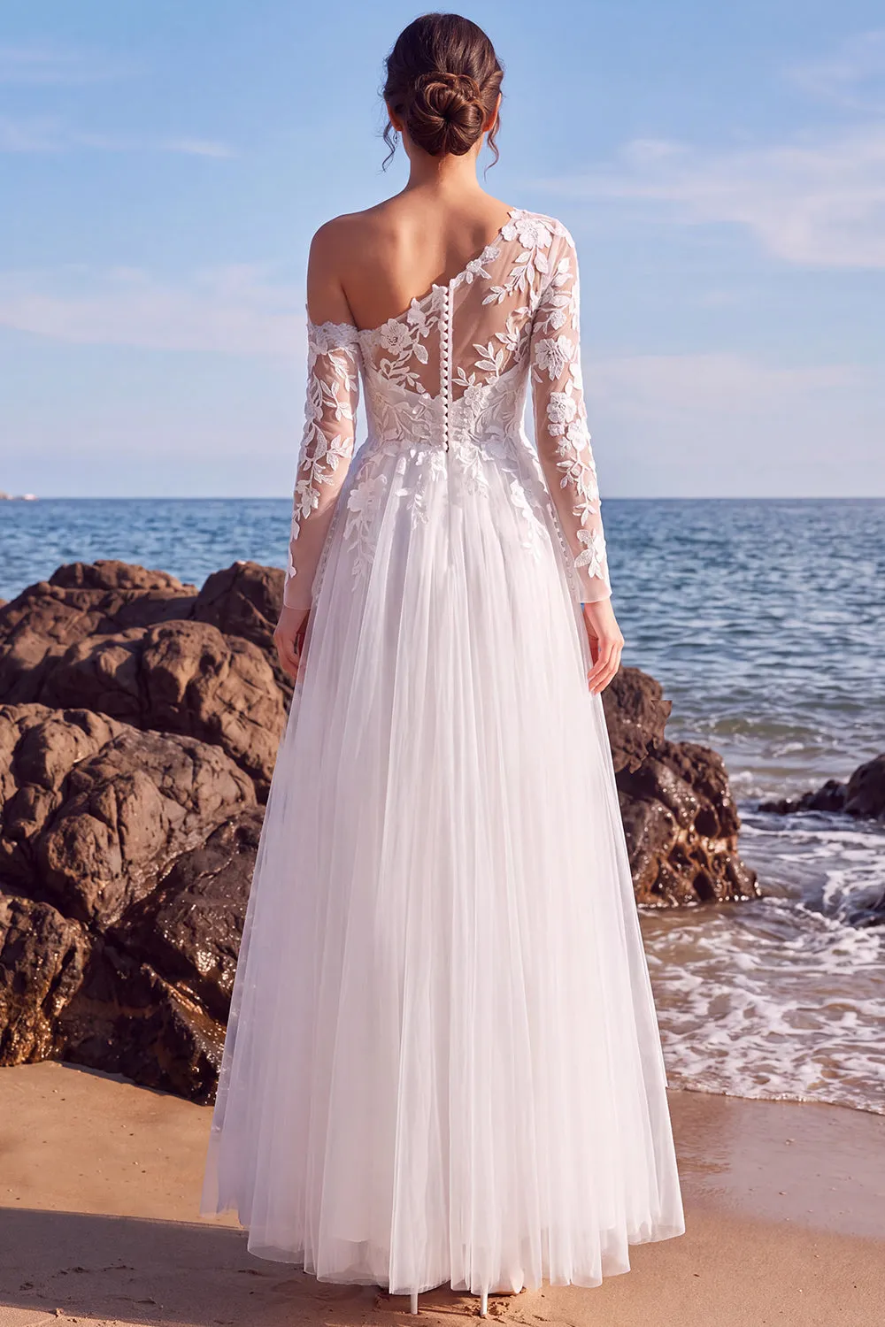 White One Shoulder A Line Tulle Appliqued Long Wedding Dress sold by Wedtrend product image thumbnail 2