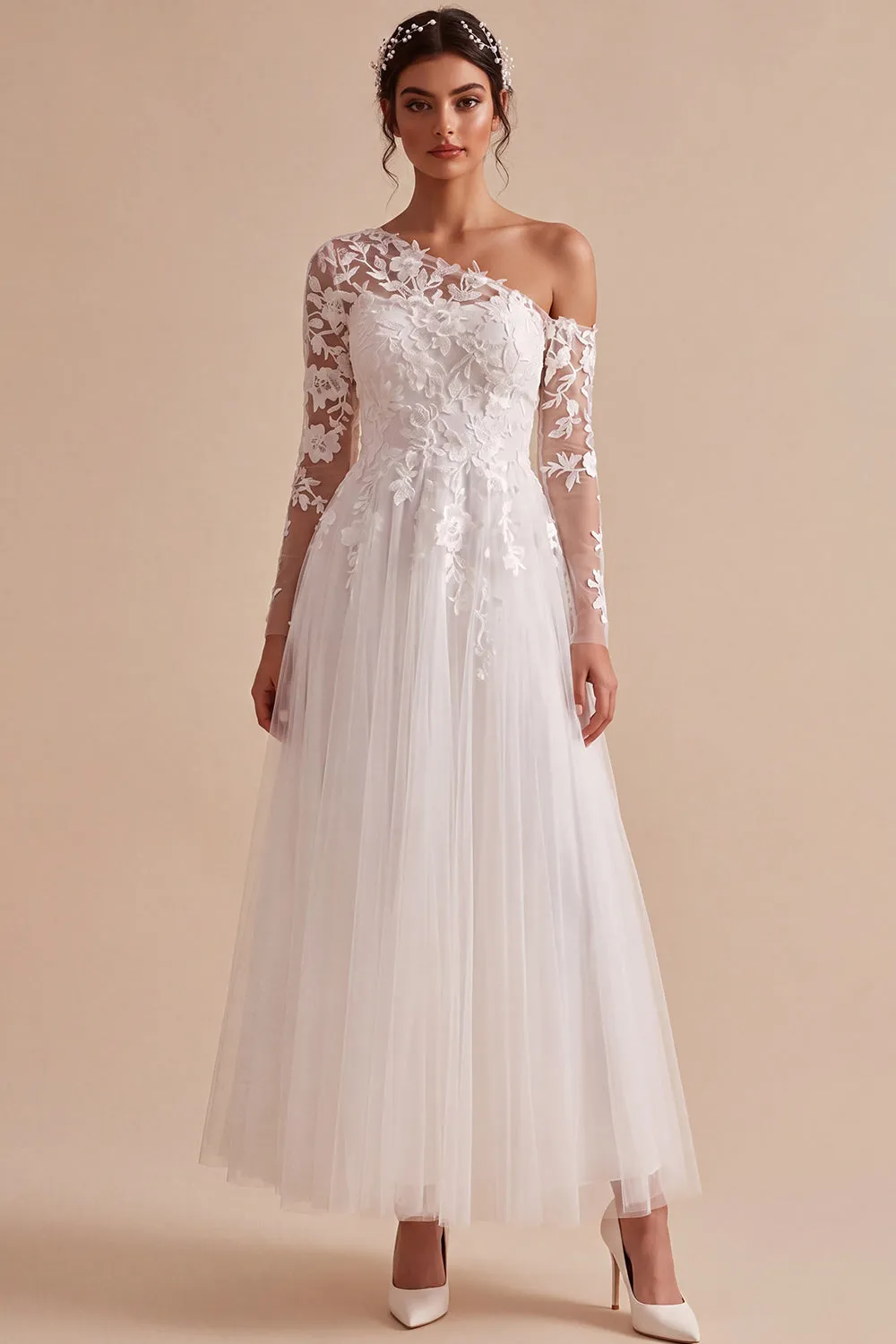 White One Shoulder A Line Tulle Appliqued Long Wedding Dress sold by Wedtrend product image thumbnail 4
