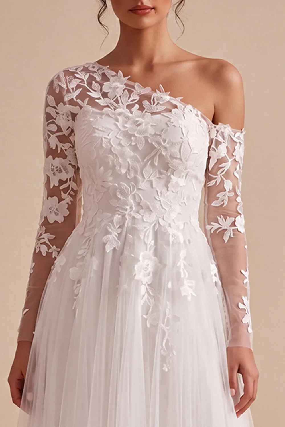 White One Shoulder A Line Tulle Appliqued Long Wedding Dress sold by Wedtrend product image thumbnail 5