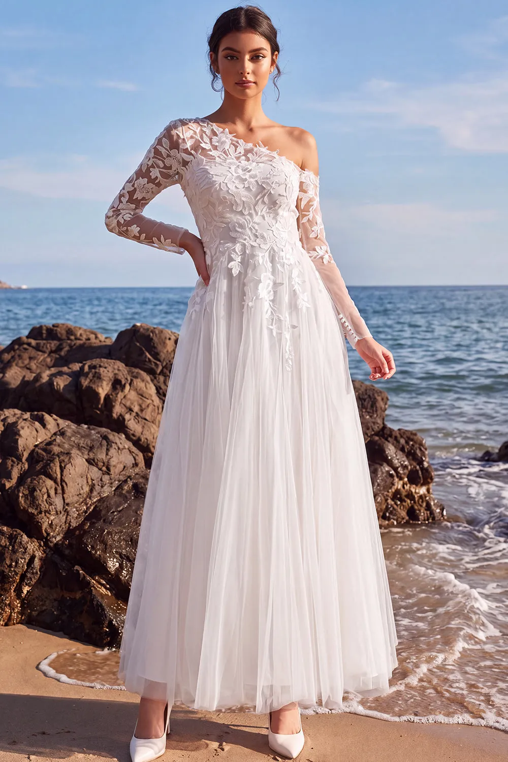 White One Shoulder A Line Tulle Appliqued Long Wedding Dress sold by Wedtrend