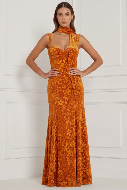 Burnout Velvet Mermaid Orange Bridesmaid Dress with Scarf made by Wedtrend