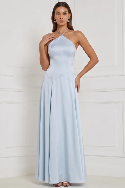 Halter Light Blue A Line Long Bridesmaid Dress with Lace-up Back made by Wedtrend