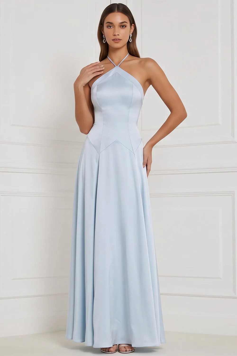 Halter Light Blue A Line Long Bridesmaid Dress with Lace-up Back sold by Wedtrend