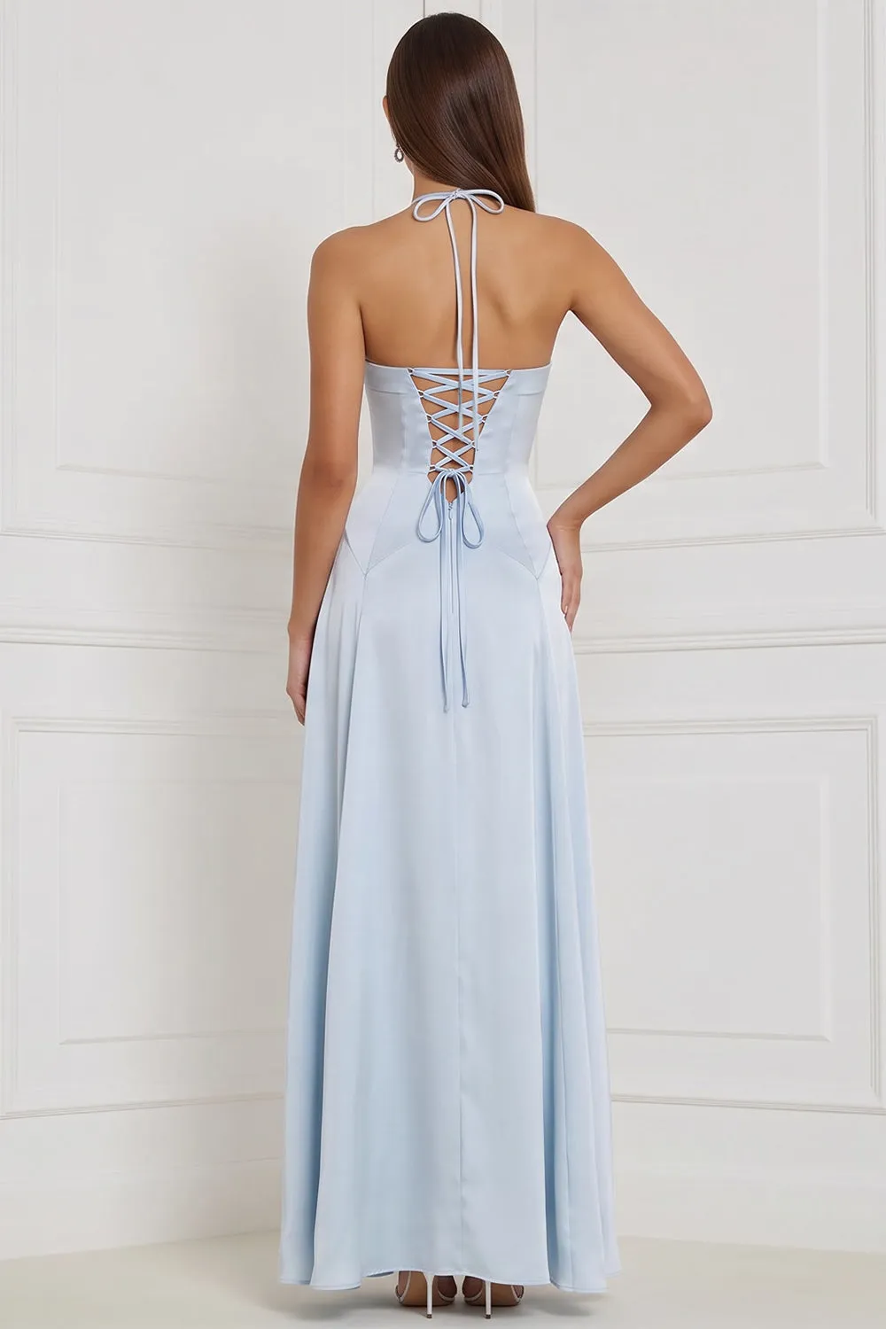 Halter Light Blue A Line Long Bridesmaid Dress with Lace-up Back sold by Wedtrend product image thumbnail 2