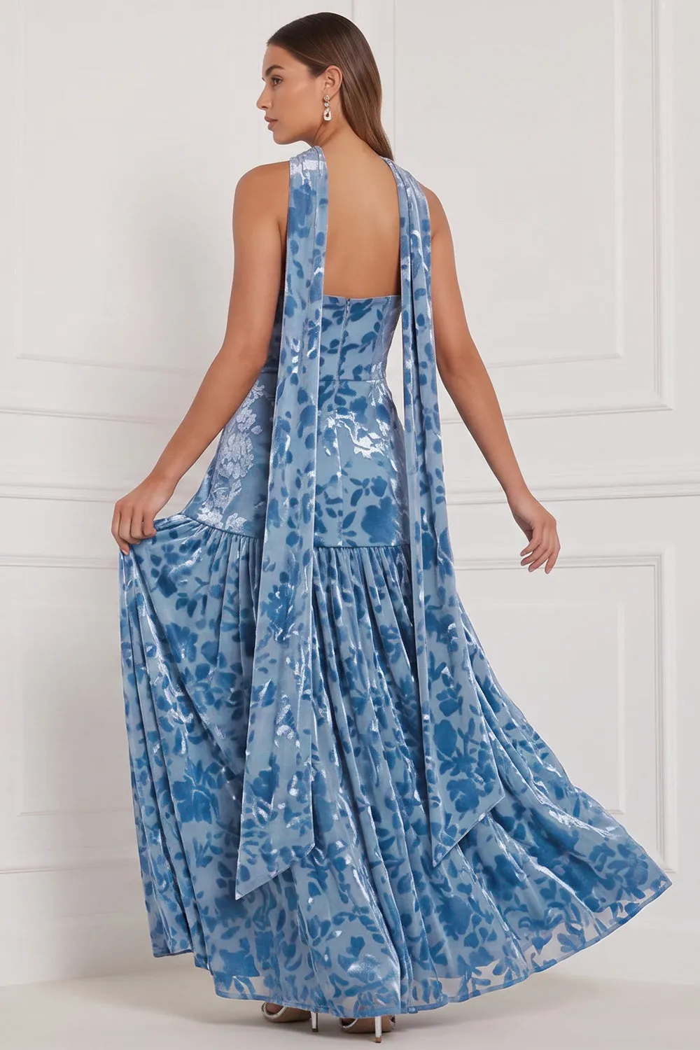 Strapless Burnout Velvet Blue Pleated A Line Long Bridesmaid Dress with Scarf sold by Wedtrend product image thumbnail 2