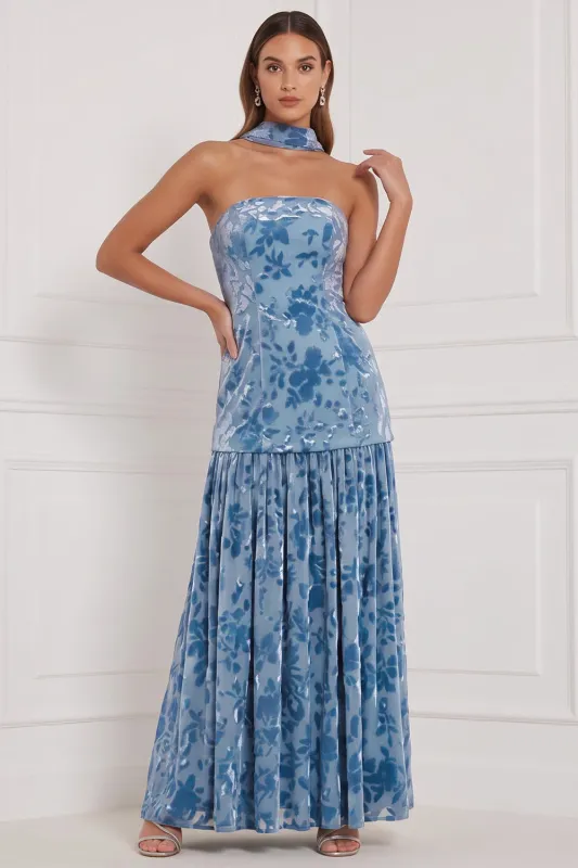 Strapless Burnout Velvet Blue Pleated A Line Long Bridesmaid Dress with Scarf made by Wedtrend