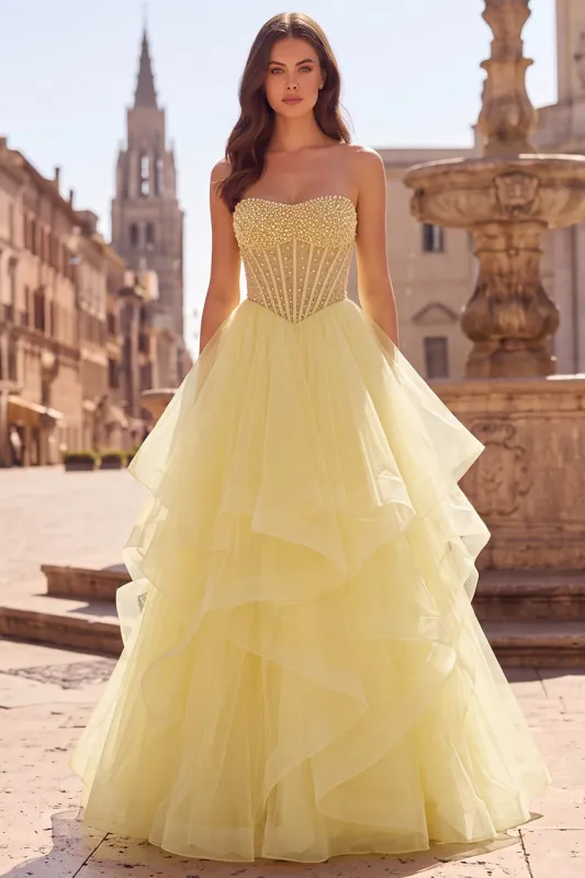 Yellow Strapless Tiered Ruffled Corset A Line Long Prom Dress with Pearls made by Wedtrend