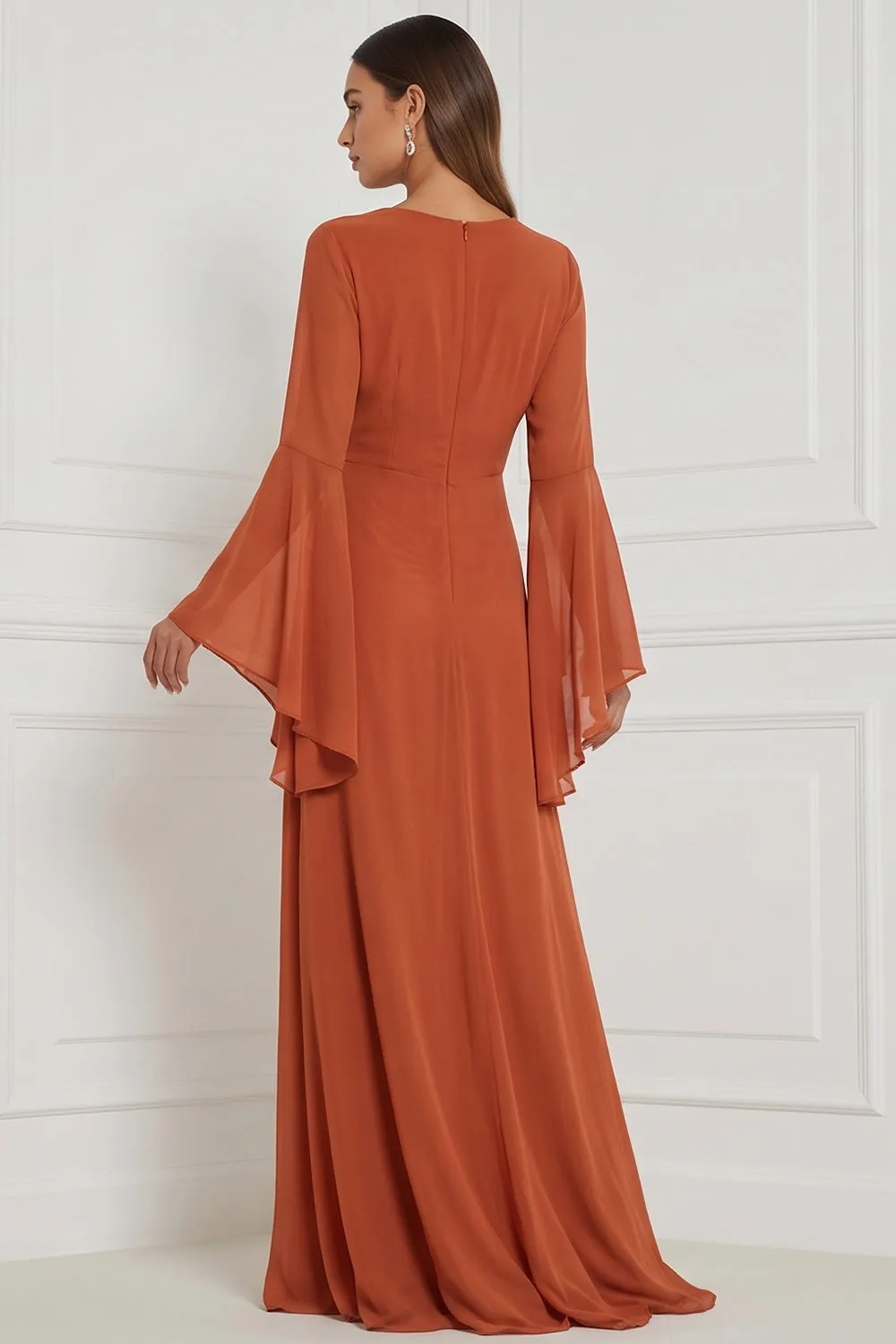 Chiffon A Line Burnt Orange V-Neck Long Sleeve Bridesmaid Dress with Slit sold by Wedtrend product image thumbnail 2