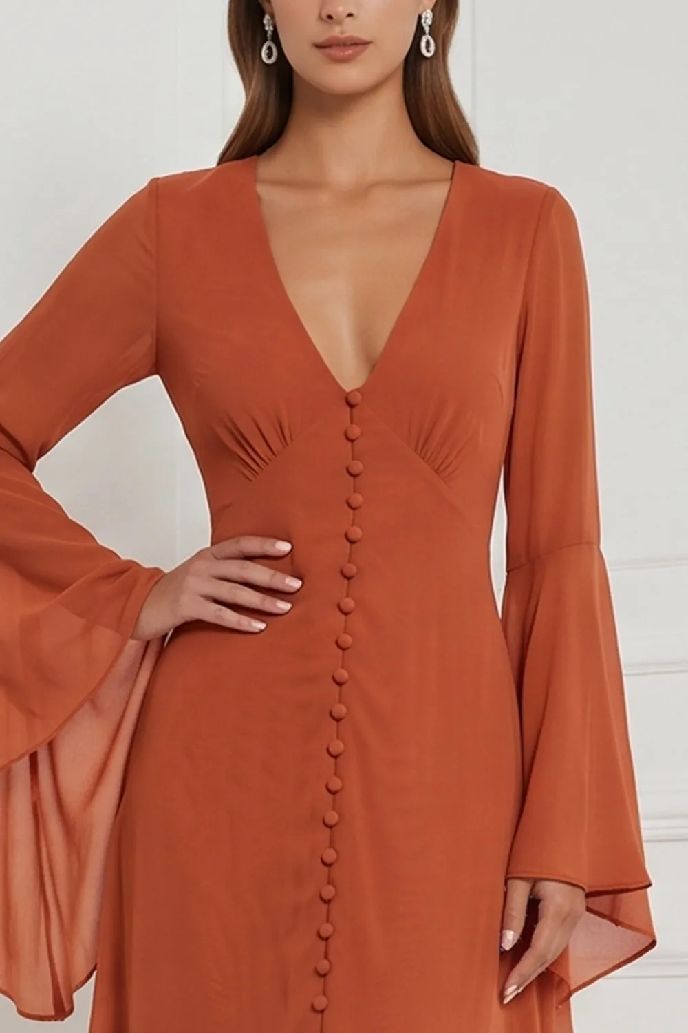 Chiffon A Line Burnt Orange V-Neck Long Sleeve Bridesmaid Dress with Slit sold by Wedtrend product image thumbnail 3